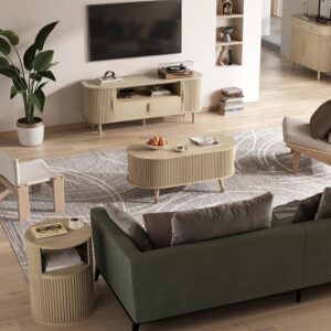 Oval Coffee Table with Storage,Multifunctional Lift Top Drum Coffee Table, Small Fluted Center Table for Living Room, Oak - Image 8