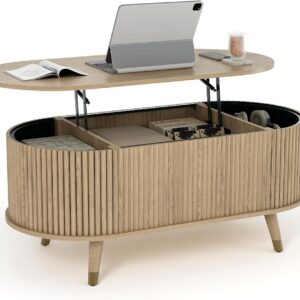 Oval Coffee Table with Storage,Multifunctional Lift Top Drum Coffee Table, Small Fluted Center Table for Living Room, Oak - Image 9