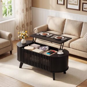 Oval Coffee Table, 40 Inch Coffee Table Lift Top with Large Hidden Compartment, Modern Coffe Table with Fence Design and High Legs, Round Coffee Tables for Living Room - Image 1