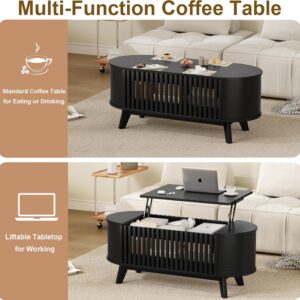 Oval Coffee Table, 40 Inch Coffee Table Lift Top with Large Hidden Compartment, Modern Coffe Table with Fence Design and High Legs, Round Coffee Tables for Living Room - Image 3