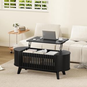 Oval Coffee Table, 40 Inch Coffee Table Lift Top with Large Hidden Compartment, Modern Coffe Table with Fence Design and High Legs, Round Coffee Tables for Living Room - Image 4