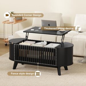 Oval Coffee Table, 40 Inch Coffee Table Lift Top with Large Hidden Compartment, Modern Coffe Table with Fence Design and High Legs, Round Coffee Tables for Living Room - Image 7