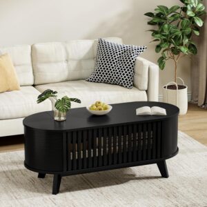 Oval Coffee Table, 40 Inch Coffee Table Lift Top with Large Hidden Compartment, Modern Coffe Table with Fence Design and High Legs, Round Coffee Tables for Living Room - Image 8