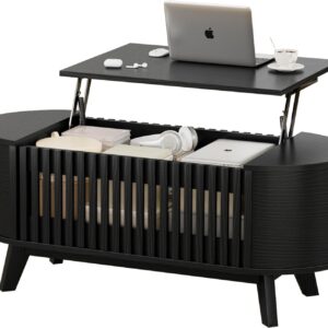 Oval Coffee Table, 40 Inch Coffee Table Lift Top with Large Hidden Compartment, Modern Coffe Table with Fence Design and High Legs, Round Coffee Tables for Living Room - Image 9
