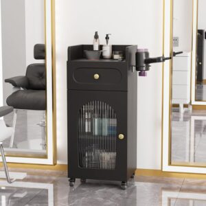 Salon Cart with Wheels, 3-Tier Rolling Beauty Cart with Glass Door & Dryer Holder, Mobile Hair Styling Station for Barber, Spa, Esthetician, Nail & Tattoo Artists, Lockable Storage, Black - Image 7