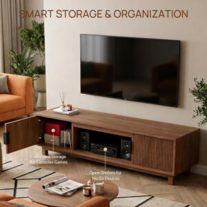 Fluted TV Stands for Living Room, 58" Mid Century Modern Entertainment Center with Storage, Brown Walnut TV Console for 55/60/65 Inch TV, Wood Television Media Cabinet for Bedroom - Image 4
