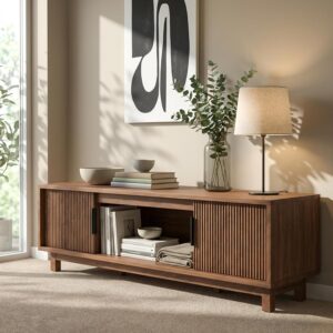 Fluted TV Stands for Living Room, 58" Mid Century Modern Entertainment Center with Storage, Brown Walnut TV Console for 55/60/65 Inch TV, Wood Television Media Cabinet for Bedroom - Image 5