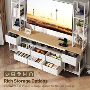 Large Entertainment Center for Living Room, Wall Unit TV Stand with Bookshelves for TVs up to 65", Media Cabinet with Storage Drawers, LED TV Console with Power Outlets, White and Natural - Image 4