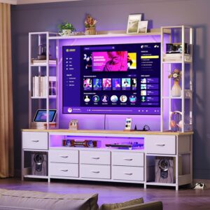 Large Entertainment Center for Living Room, Wall Unit TV Stand with Bookshelves for TVs up to 65", Media Cabinet with Storage Drawers, LED TV Console with Power Outlets, White and Natural - Image 3