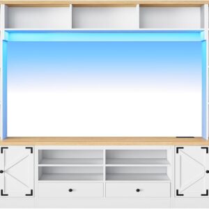 94.5" Wall Unit Entertainment Center with Doors, Farmhouse TV Stand with Bookshelves, Storage Cabinet, Fits TVs up to 78", Large Media Console with LED Light and Power Outlet, for Living Room - Image 9