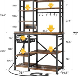 Baker Rack with Power Outlet - Microwave Stand with Storage, Large Coffee Bar Station with 14 Hooks, Metal Kitchen Shelf Rack for Spices, Pots (Rustic Brown) | with Power Outlet, with Storage, with 14 Hooks, for Spices, for Pots - Image 3