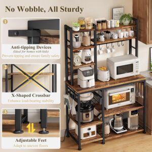 Baker Rack with Power Outlet - Microwave Stand with Storage, Large Coffee Bar Station with 14 Hooks, Metal Kitchen Shelf Rack for Spices, Pots (Rustic Brown) | with Power Outlet, with Storage, with 14 Hooks, for Spices, for Pots - Image 4