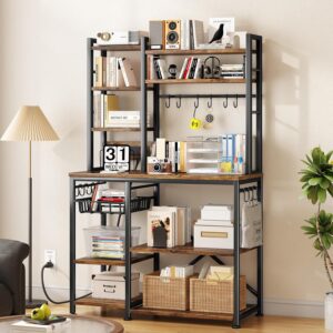 Baker Rack with Power Outlet - Microwave Stand with Storage, Large Coffee Bar Station with 14 Hooks, Metal Kitchen Shelf Rack for Spices, Pots (Rustic Brown) | with Power Outlet, with Storage, with 14 Hooks, for Spices, for Pots - Image 8