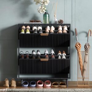 Shoe Cabinet Storage,Modern Freestanding Organizer with 2 Flip Drawers,Narrow Shoe Rack Cabinet for Entryway,Black - Image 2