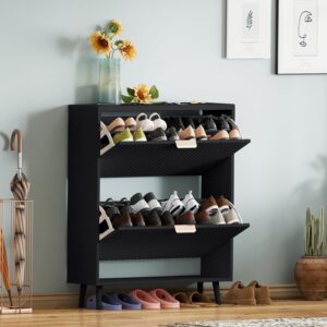Shoe Cabinet Storage,Modern Freestanding Organizer with 2 Flip Drawers,Narrow Shoe Rack Cabinet for Entryway,Black - Image 7
