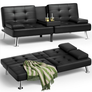 Homall Futon Sofa Bed, Leather Futon Couch with Removable Armrests, Adjustable Recliner Sleeper Sofa Bed with Dual Cup Holders for Living Room, Apartment, Office (Black), 30.7 x 65 x 28 - Image 1