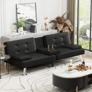 Homall Futon Sofa Bed, Leather Futon Couch with Removable Armrests, Adjustable Recliner Sleeper Sofa Bed with Dual Cup Holders for Living Room, Apartment, Office (Black), 30.7 x 65 x 28 - Image 2
