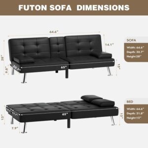 Homall Futon Sofa Bed, Leather Futon Couch with Removable Armrests, Adjustable Recliner Sleeper Sofa Bed with Dual Cup Holders for Living Room, Apartment, Office (Black), 30.7 x 65 x 28 - Image 3