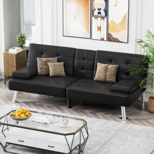 Homall Futon Sofa Bed, Leather Futon Couch with Removable Armrests, Adjustable Recliner Sleeper Sofa Bed with Dual Cup Holders for Living Room, Apartment, Office (Black), 30.7 x 65 x 28 - Image 7