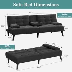 Meilocar 64" Futon Sofa Bed, 64" Convertible Loveseat with 2 Cup Holders, Small Couch with 3 Adjustable Angles & Removable Armrest, Sleeper Sofa for Apartment, 5.3 FT, Black - Image 2