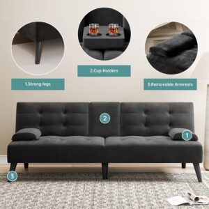 Meilocar 64" Futon Sofa Bed, 64" Convertible Loveseat with 2 Cup Holders, Small Couch with 3 Adjustable Angles & Removable Armrest, Sleeper Sofa for Apartment, 5.3 FT, Black - Image 4