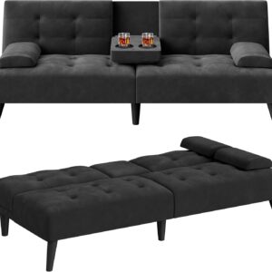 Meilocar 64" Futon Sofa Bed, 64" Convertible Loveseat with 2 Cup Holders, Small Couch with 3 Adjustable Angles & Removable Armrest, Sleeper Sofa for Apartment, 5.3 FT, Black - Image 7