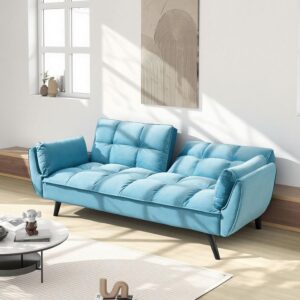 74-Inch Velvet Tufted Upholstered Futon Sofabed for Bedroom Living Room, Modern Convertible Futon Loveseat Sleeper Sofa Bed with Adjustable Backrest and Pillows | Easy to Assemble - Image 1