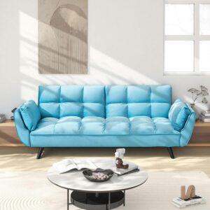 74-Inch Velvet Tufted Upholstered Futon Sofabed for Bedroom Living Room, Modern Convertible Futon Loveseat Sleeper Sofa Bed with Adjustable Backrest and Pillows | Easy to Assemble - Image 3