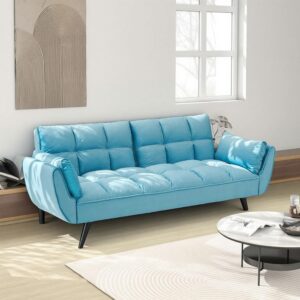 74-Inch Velvet Tufted Upholstered Futon Sofabed for Bedroom Living Room, Modern Convertible Futon Loveseat Sleeper Sofa Bed with Adjustable Backrest and Pillows | Easy to Assemble - Image 2