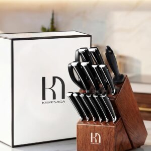 KnifeSaga Knife Set, 15 Pcs Kitchen Knife Block Set, Enduring Razor-Sharp High Carbon Stainless Steel Chef Knife Set with Block and Sharpener, Premium Knives Set for Kitchen, Ash Wood Valentine's Gift - Image 4