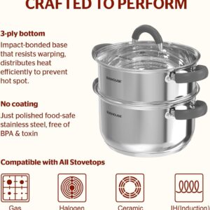 SUNHOUSE 3 Quarts Steamer Pots With Lid, 2-Tier Multipurpose Stainless Steel Steaming Pot Cookware With Stay-Cool Handles, Tri-ply Bottom, Compatible with All Cooktops - Image 3