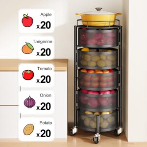 Fruit and Vegetable Basket Bowls for Kitchen with Metal Top Lid, 5 Tier Rotating Storage Rack Cart for Potato Onion Bread Banana, Wire Basket Organizer on Wheels, Large, Black - Image 4