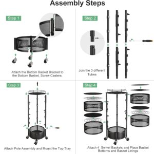 Fruit and Vegetable Basket Bowls for Kitchen with Metal Top Lid, 5 Tier Rotating Storage Rack Cart for Potato Onion Bread Banana, Wire Basket Organizer on Wheels, Large, Black - Image 8
