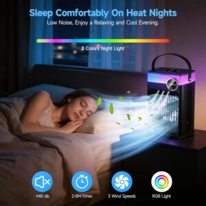 Portable Air Conditioners, 4 in 1 Evaporative Air Cooler with 1200ML Tank, Queit Cooling Fan with Remote Control, 2-8H Timer, 3 Modes & 8 LED Lights, Personal AC Unit for Bedroom, Office and Camping - Image 4