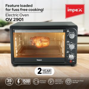 Impex 35 Liter Electric Oven, Rotisserie Function, Adjustable Temperature (100-250°C), 60-Min Timer with Bell Ring, 6 Heating Stages, Durable Stainless Steel Heating Elements, Indication Light 35 L 1500 W OV 2901 Black/Silver - Image 2