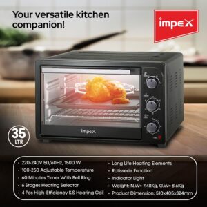 Impex 35 Liter Electric Oven, Rotisserie Function, Adjustable Temperature (100-250°C), 60-Min Timer with Bell Ring, 6 Heating Stages, Durable Stainless Steel Heating Elements, Indication Light 35 L 1500 W OV 2901 Black/Silver - Image 7