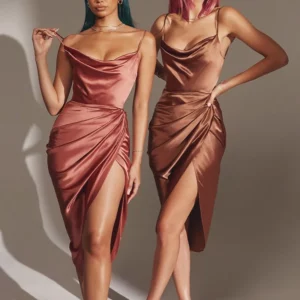 New Asia Ruched Satin Summer Dress Drawstring Spaghetti Straps Cowl Neck Backless Long Dresses for Women Party Sexy Vestidos - Image 1