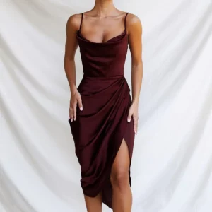 New Asia Ruched Satin Summer Dress Drawstring Spaghetti Straps Cowl Neck Backless Long Dresses for Women Party Sexy Vestidos - Image 4