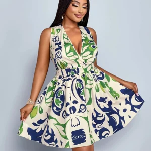 Fashion Print Gathered Craft Holiday Dress, Stylish Women's Casual Wear, Perfect for Vacation - Image 3