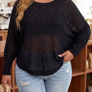 GIBSIE Plus Size Batwing Sleeve Sequined Knitted Top Women's Spring Summer See Through Solid Color Pullover Female Knitwear - Image 3