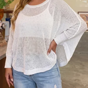 GIBSIE Plus Size Batwing Sleeve Sequined Knitted Top Women's Spring Summer See Through Solid Color Pullover Female Knitwear - Image 5
