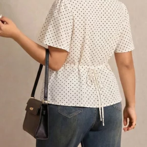 GIBSIE Plus Size Polka Dot Contrast Lace Peplum Top Women Summer V-Neck Short Sleeve Tie Back Sweet Ladies Tops and Blouses - Image 2