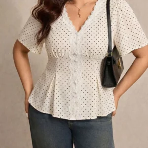 GIBSIE Plus Size Polka Dot Contrast Lace Peplum Top Women Summer V-Neck Short Sleeve Tie Back Sweet Ladies Tops and Blouses - Image 3