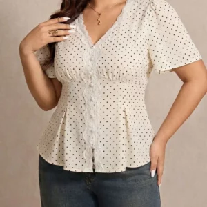 GIBSIE Plus Size Polka Dot Contrast Lace Peplum Top Women Summer V-Neck Short Sleeve Tie Back Sweet Ladies Tops and Blouses - Image 4