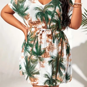 Women's Plus Size Print Dress V Neck Short Sleeve Drawstring Waist Loose Fit Summer Beach Vacation Casual Cover Up Wear - Image 1