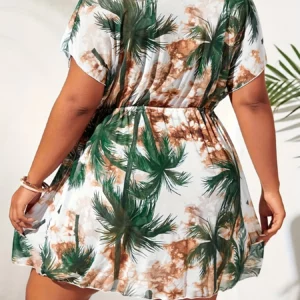 Women's Plus Size Print Dress V Neck Short Sleeve Drawstring Waist Loose Fit Summer Beach Vacation Casual Cover Up Wear - Image 2