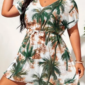 Women's Plus Size Print Dress V Neck Short Sleeve Drawstring Waist Loose Fit Summer Beach Vacation Casual Cover Up Wear - Image 3