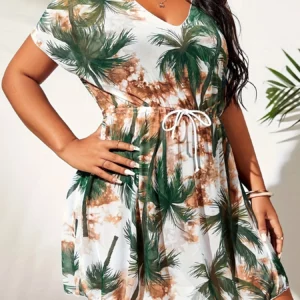 Women's Plus Size Print Dress V Neck Short Sleeve Drawstring Waist Loose Fit Summer Beach Vacation Casual Cover Up Wear - Image 4