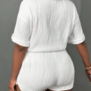 Summer minimalist round neck short sleeve dropped shoulder turned-up edge drawstring hem short top and body-shaping mini shorts - Image 2