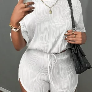 Summer minimalist round neck short sleeve dropped shoulder turned-up edge drawstring hem short top and body-shaping mini shorts - Image 4